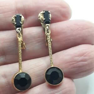 Vintage Lewis Segal Black Faceted Crystal Gold Tone Drop Pierced Earrings Signed